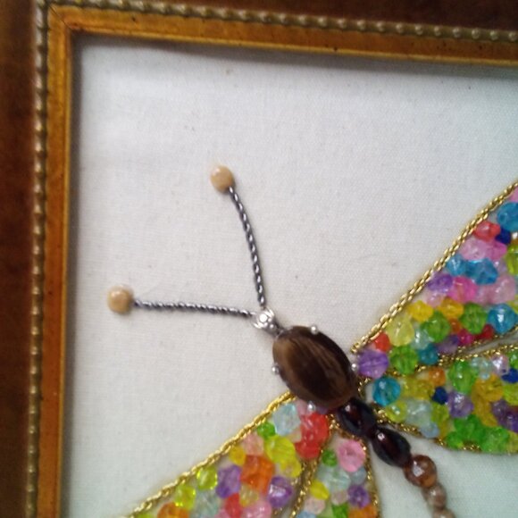 Handmade Dragonfly Beaded Artwork Stones Mixed Media Canvas Framed Decor 12 x 10 - Picture 6 of 15